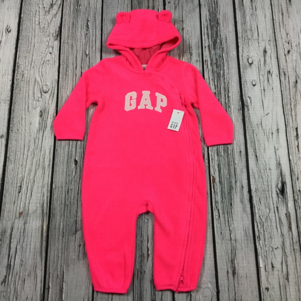 Gap Girl 3-6 Months Bright Pink Fleece Romper Jumpsuit